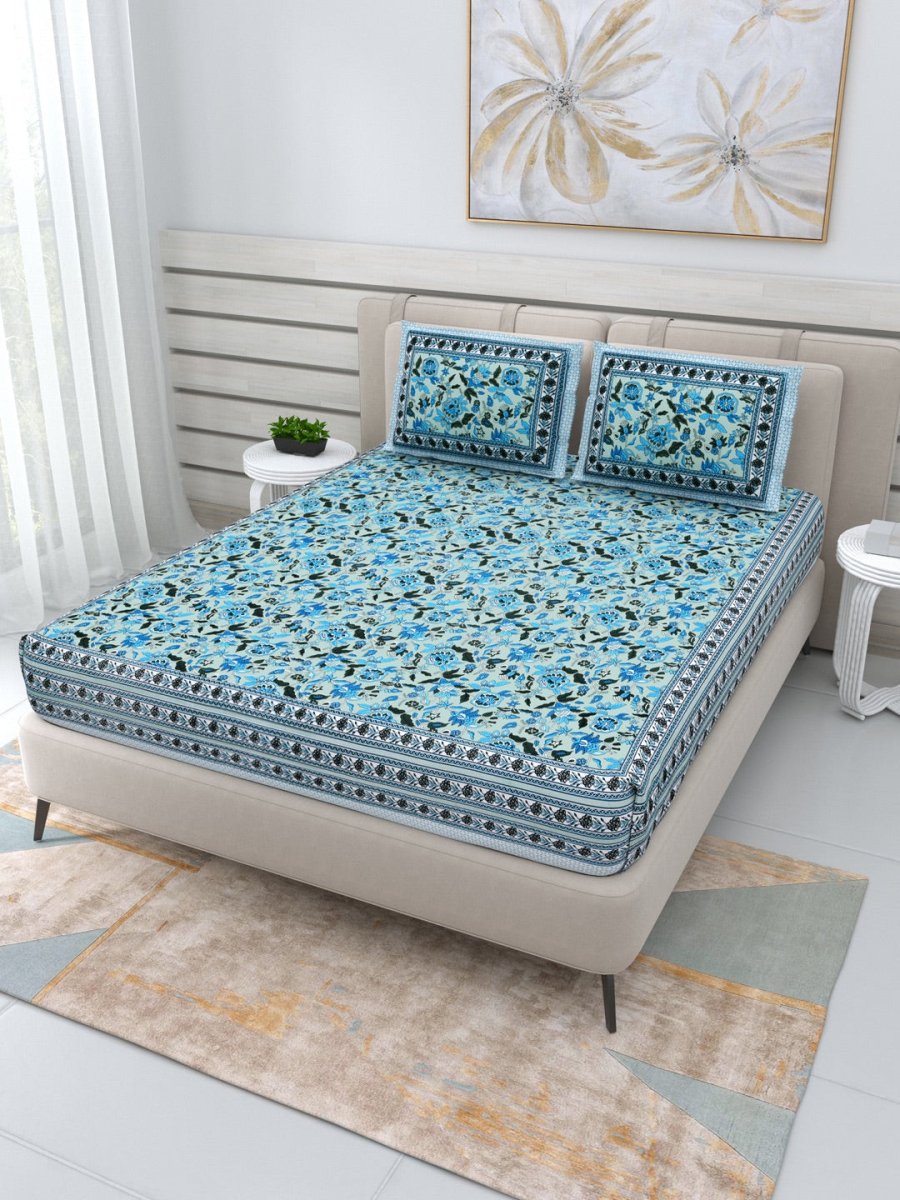 Jaipuri Hand Printed Queen Size Cotton Bedding Set -638