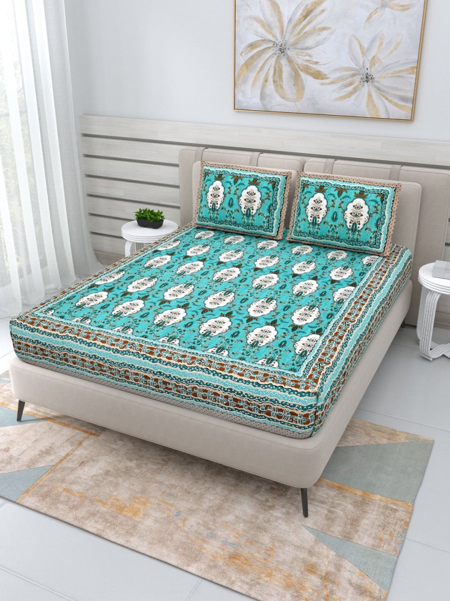 Jaipuri Hand Printed Queen Size Cotton Bedding Set- Green