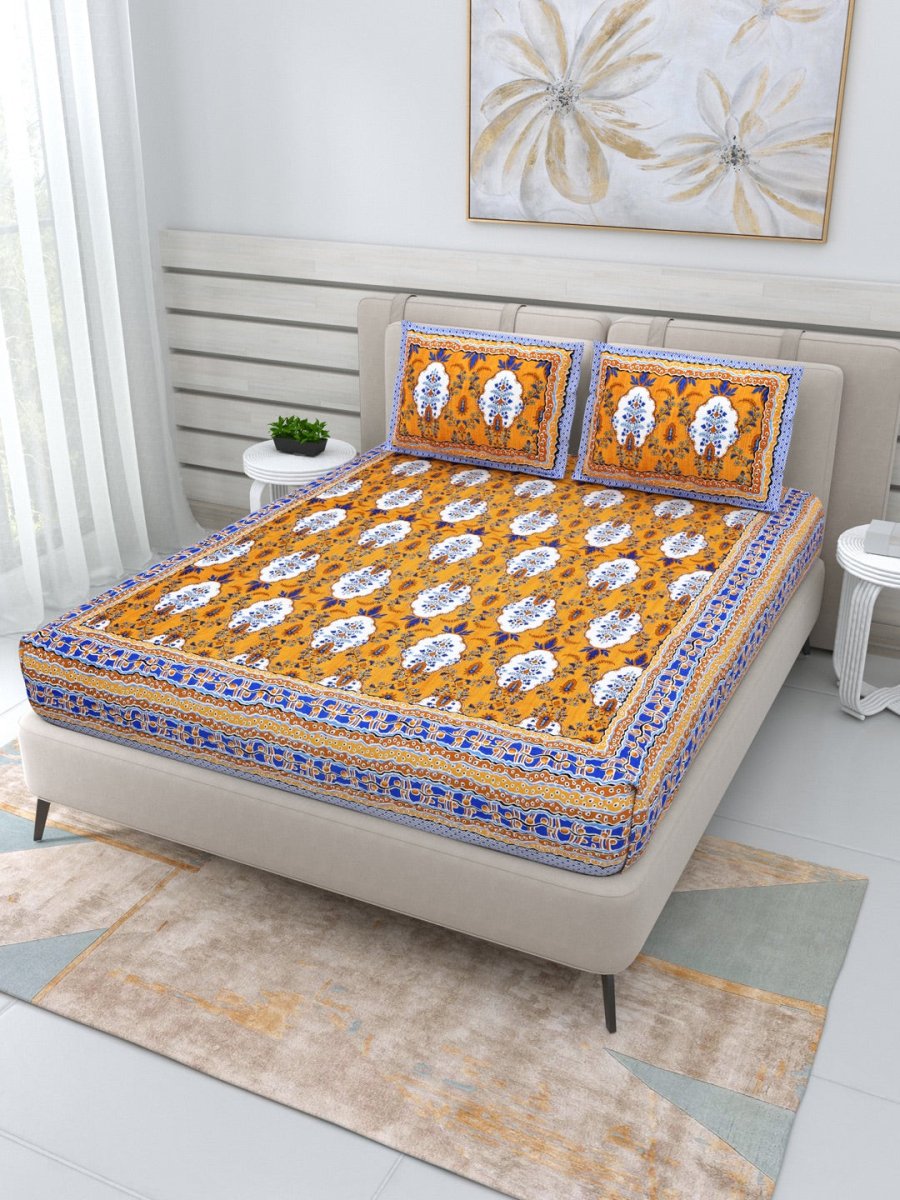 Jaipuri Hand Printed Queen Size Cotton Bedding Set- Orange