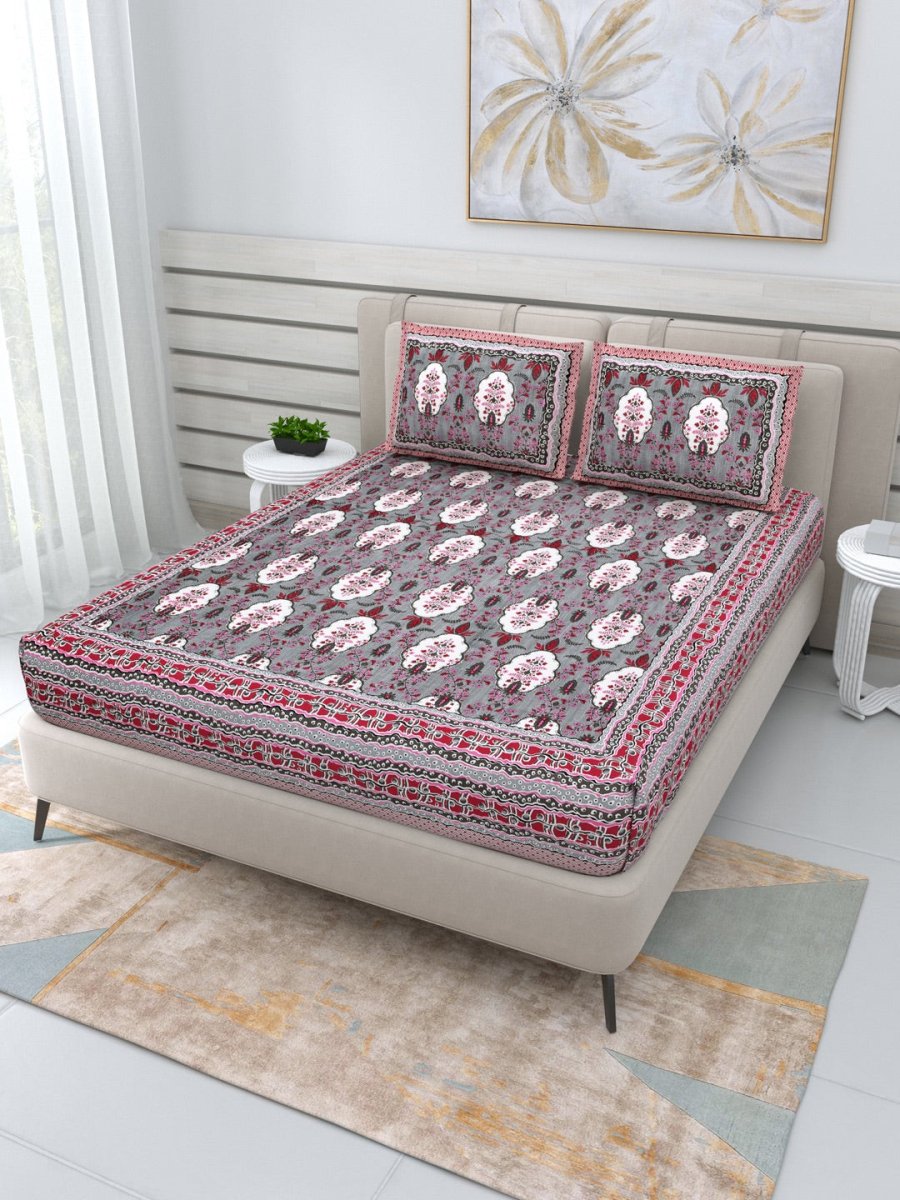 Jaipuri Hand Printed Queen Size Cotton Bedding Set -648