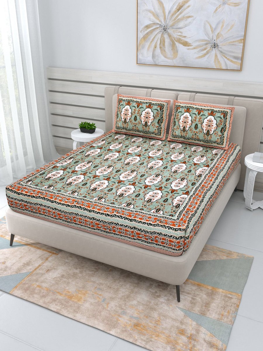 Jaipuri Hand Printed Queen Size Cotton Bedding Set -649