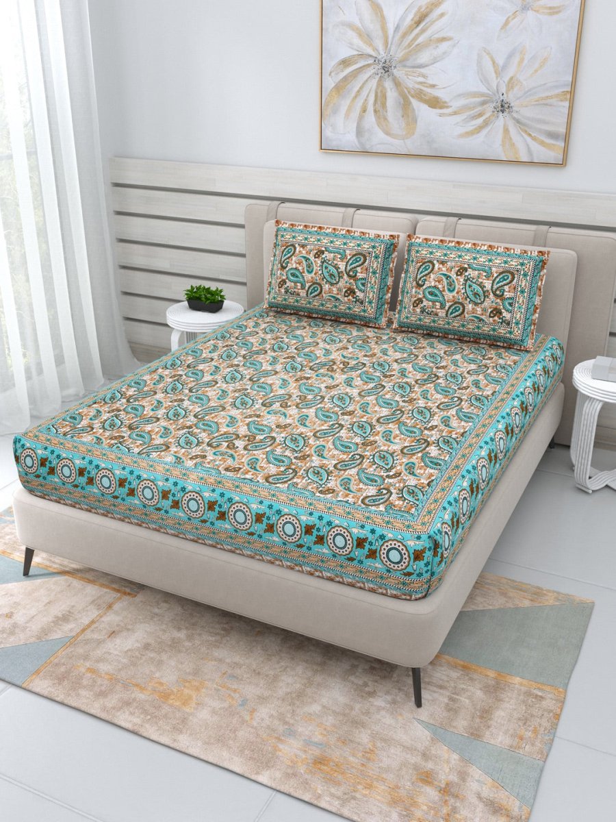 Jaipuri Hand Printed Queen Size Cotton Bedding Set -654