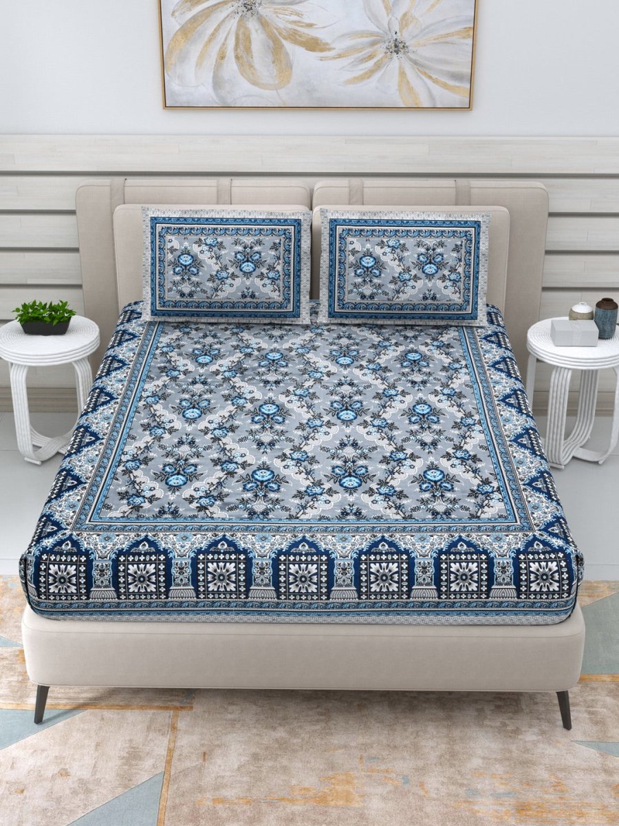 Jaipuri Hand Printed Queen Size Cotton Bedding Set- Blue