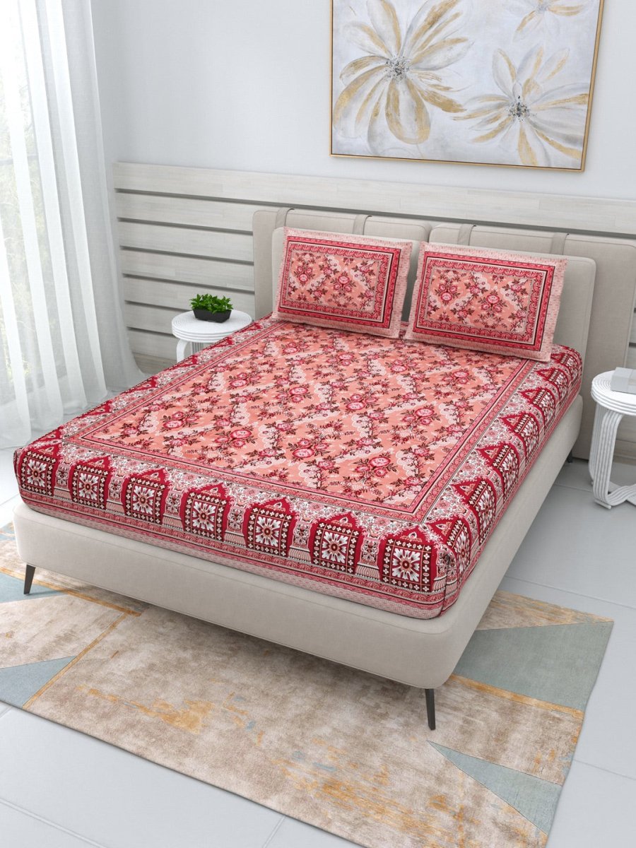 Jaipuri Hand Printed Queen Size Cotton Bedding Set- Orange