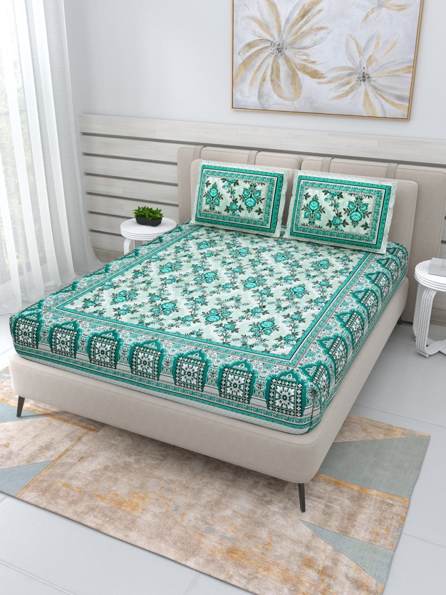 Jaipuri Hand Printed Queen Size Cotton Bedding Set- Green