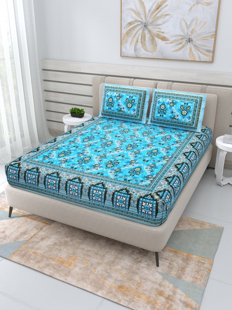 Jaipuri Hand Printed Queen Size Cotton Bedding Set- Blue