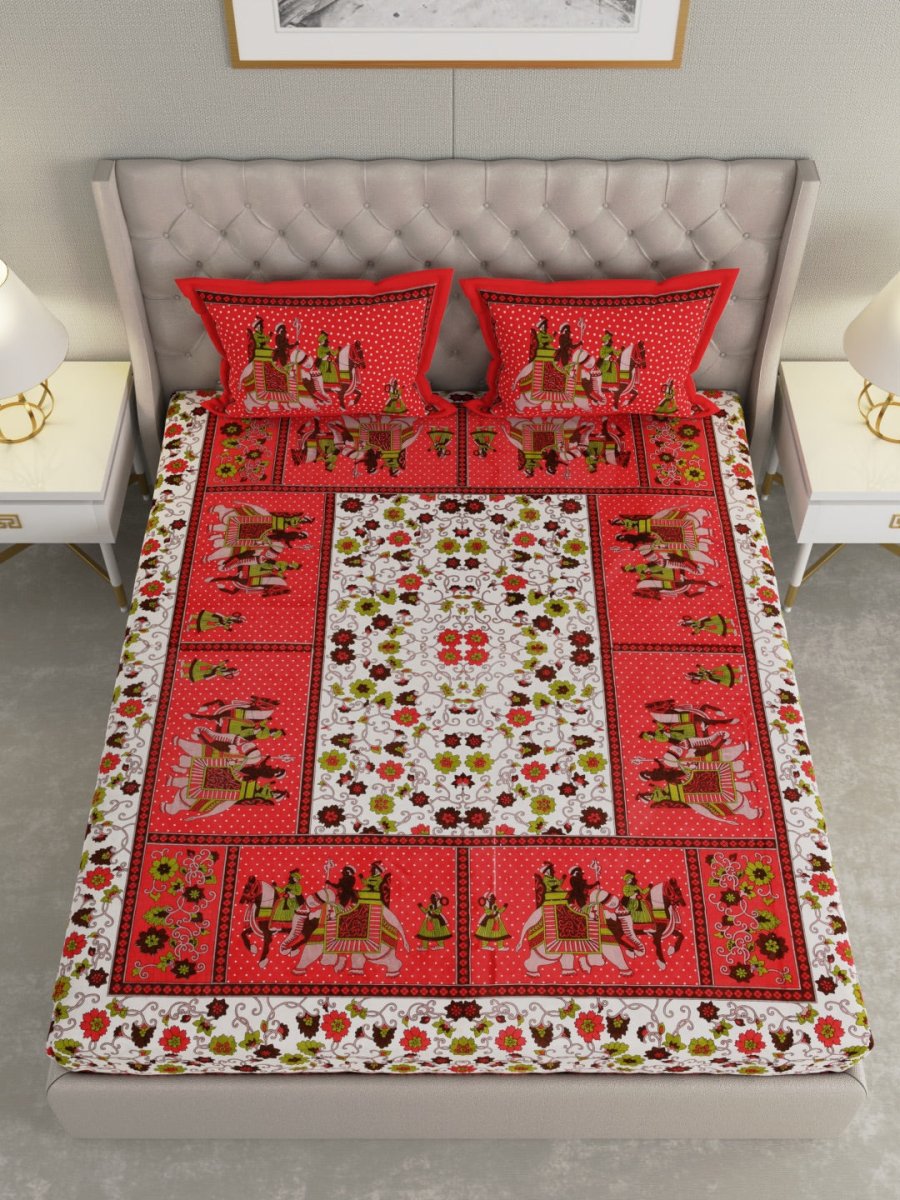 Jaipuri Print King Size Pure Cotton Bedsheet with Pillow Covers