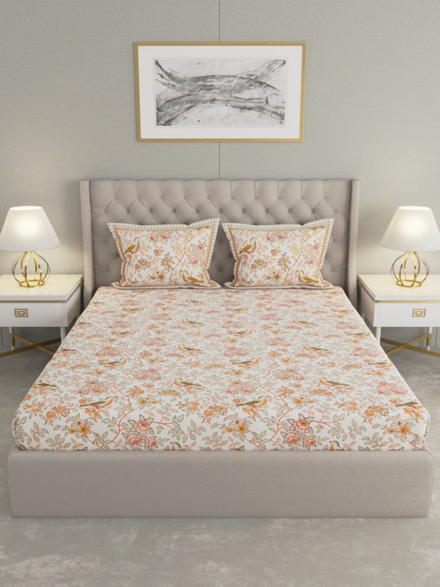 Jaipuri Print King Size 330 TC Pure Cotton Bedsheet with Pillow Covers- Orange