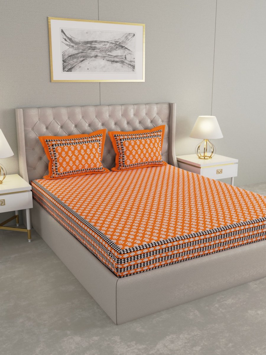 Jaipuri Print King Size 330 TC Pure Cotton Bedsheet with Pillow Covers- Orange