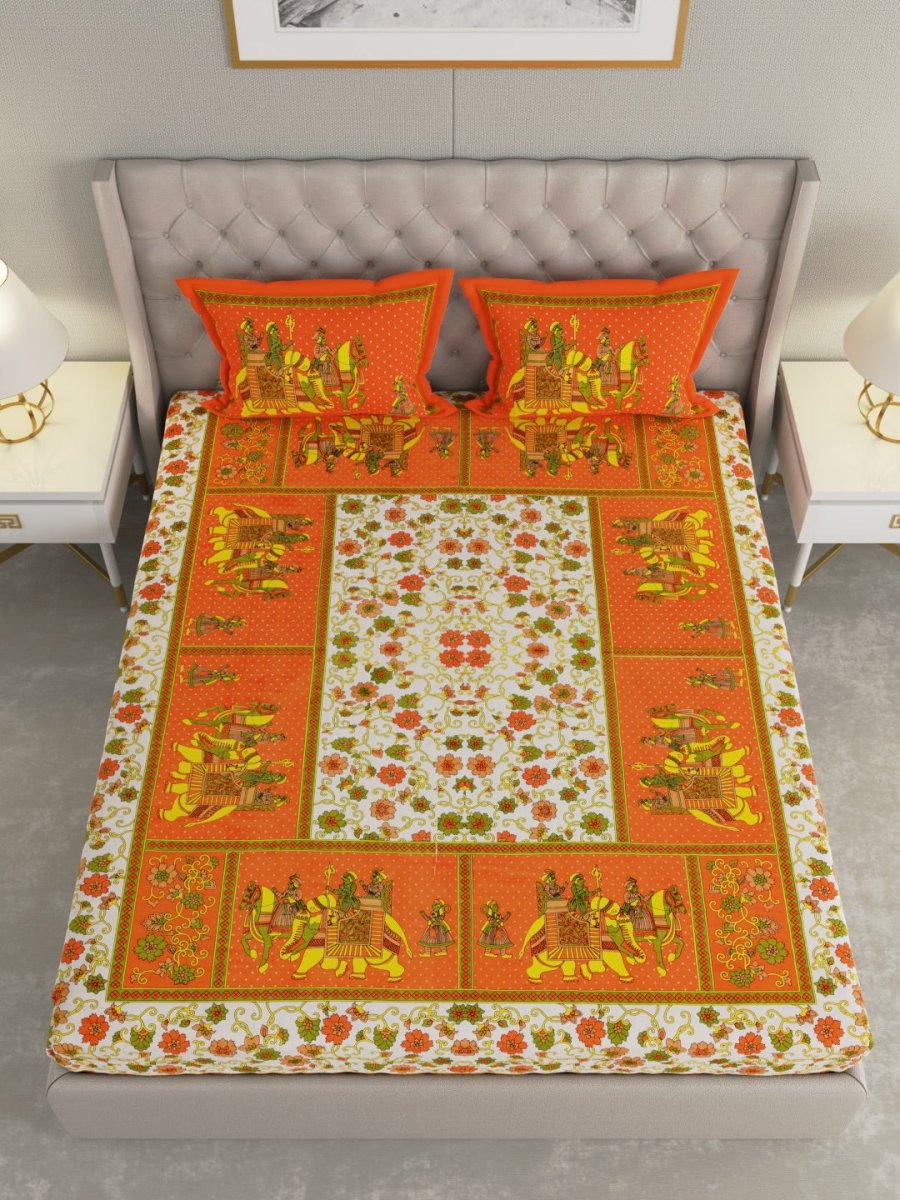 Jaipuri Print King Size 330 TC Pure Cotton Bedsheet with Pillow Covers- Orange