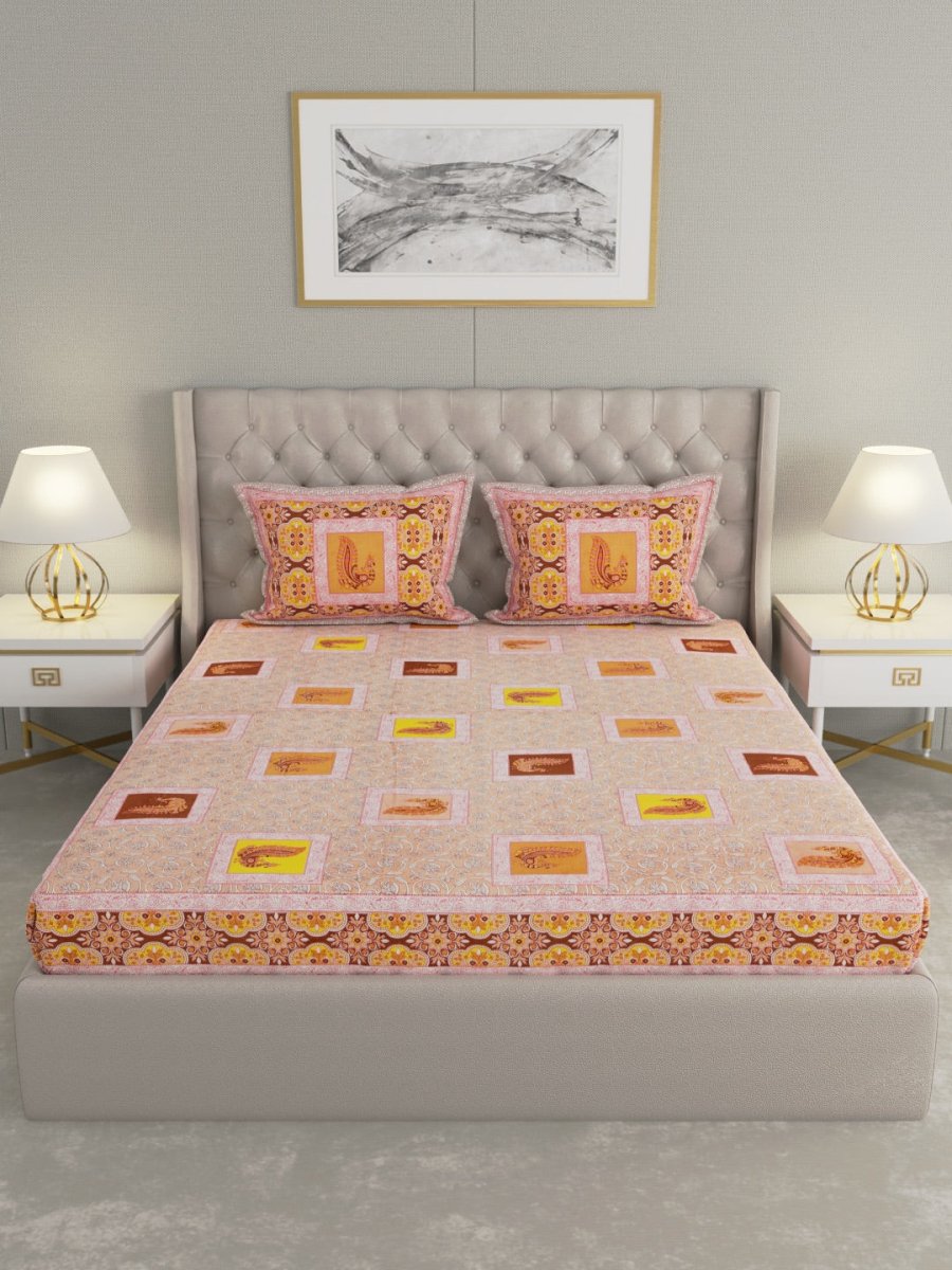 Jaipuri Print King Size 330 TC Pure Cotton Bedsheet with Pillow Covers- Orange