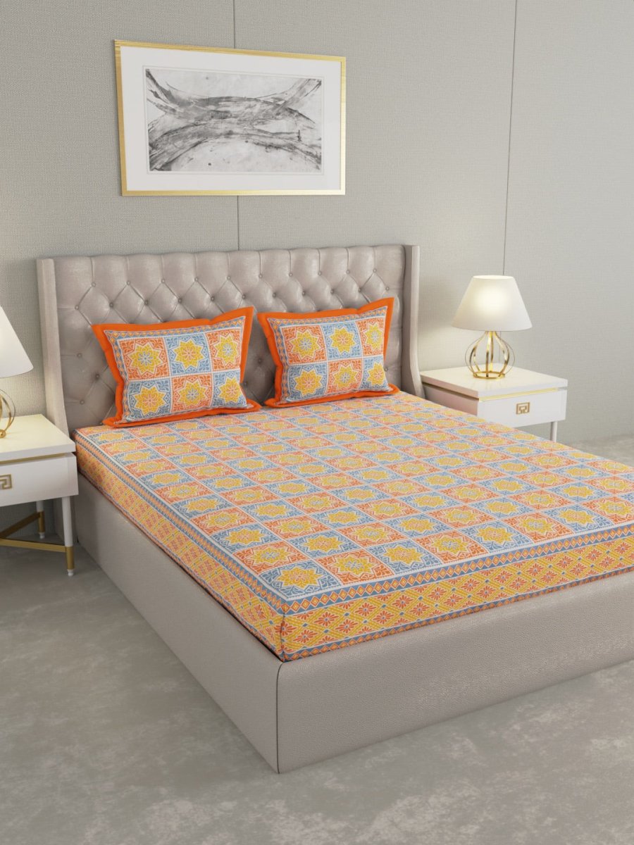 Jaipuri Print King Size 330 TC Pure Cotton Bedsheet with Pillow Covers- Orange