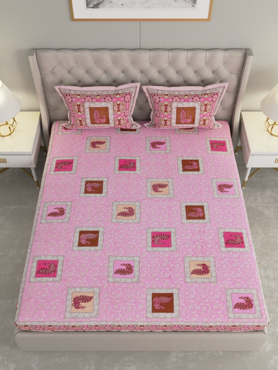 Jaipuri Print King Size 330 TC Pure Cotton Bedsheet with Pillow Covers- Pink