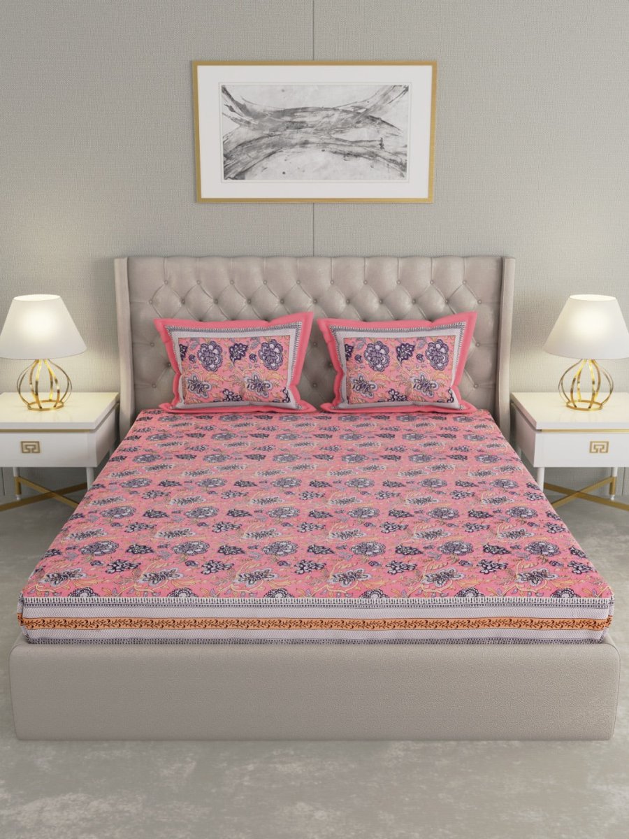 Jaipuri Print King Size 330 TC Pure Cotton Bedsheet with Pillow Covers- Pink