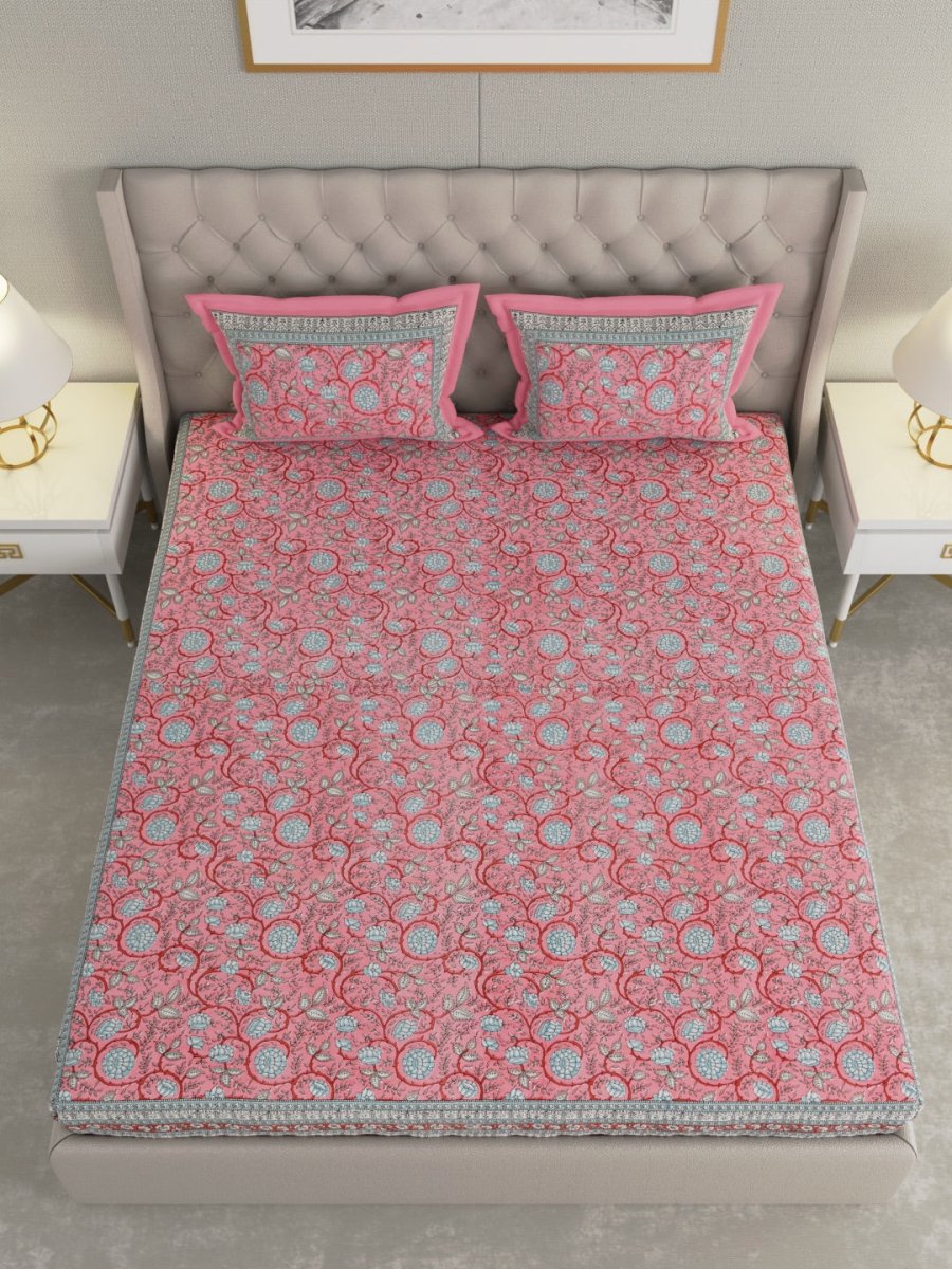 Jaipuri Print King Size 330 TC Pure Cotton Bedsheet with Pillow Covers- Pink