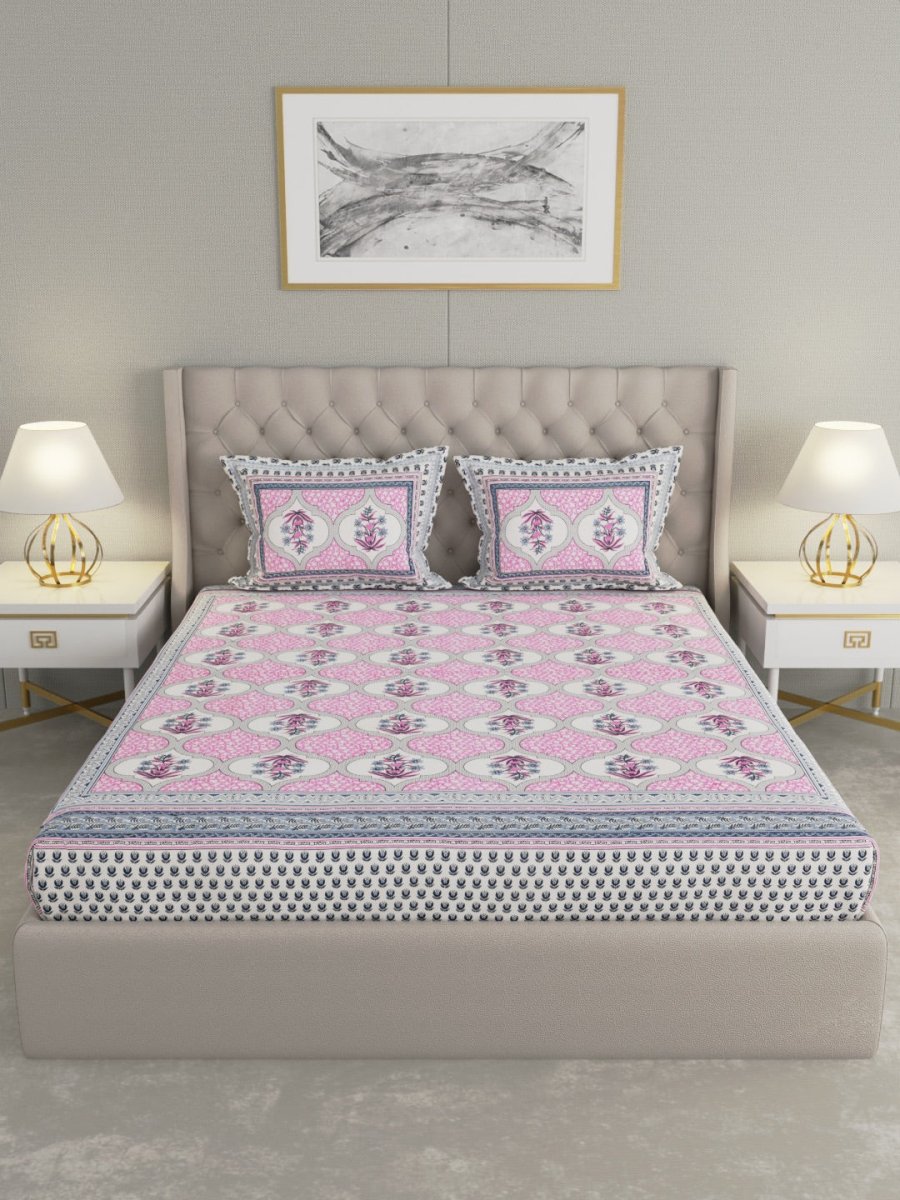 Jaipuri Print King Size 330 TC Pure Cotton Bedsheet with Pillow Covers- Pink