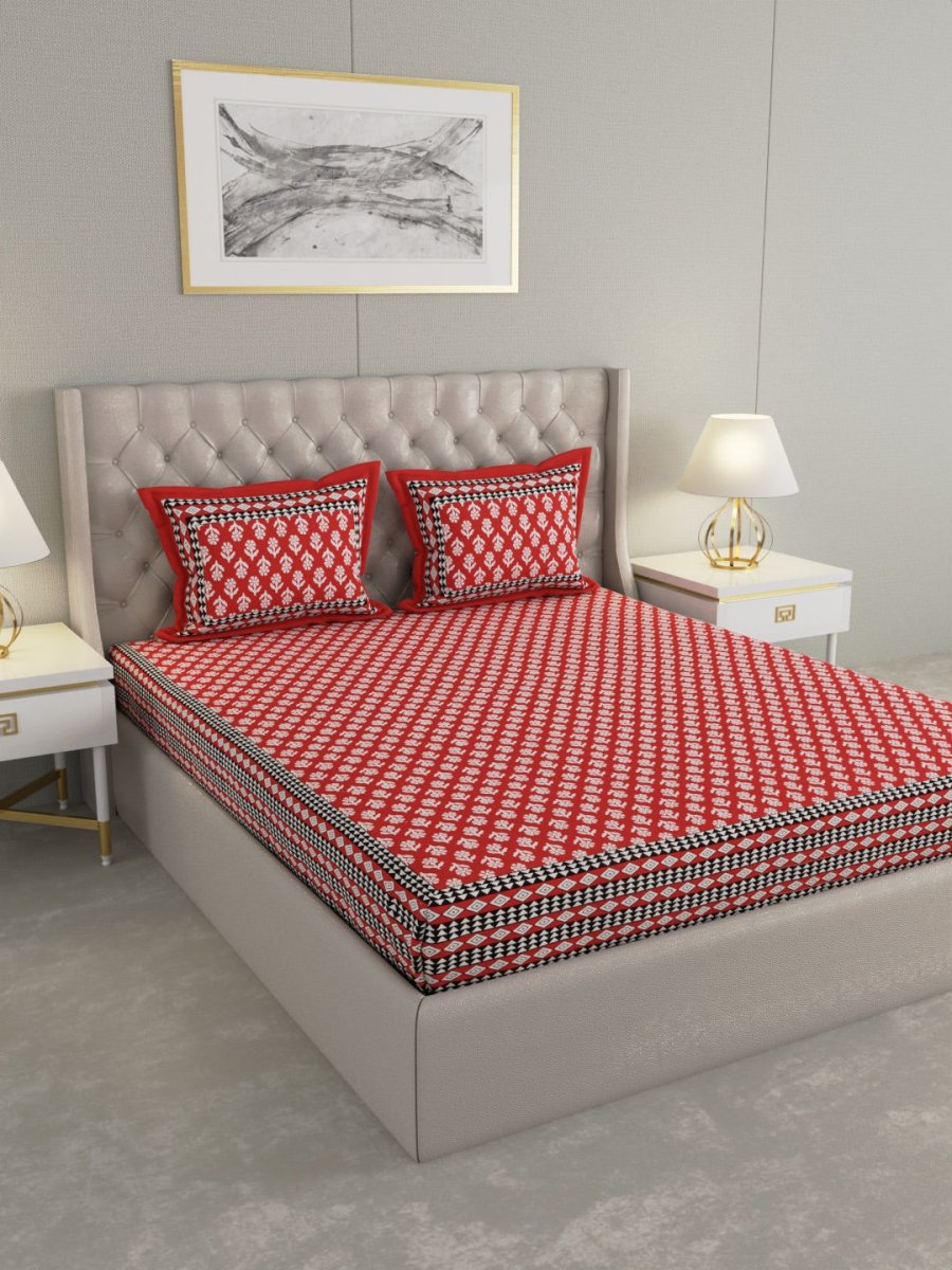 Jaipuri Print King Size 330 TC Pure Cotton Bedsheet with Pillow Covers- Red