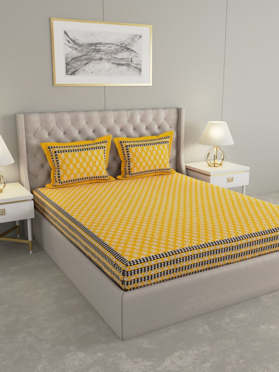 Jaipuri Print King Size 330 TC Pure Cotton Bedsheet with Pillow Covers- Yellow