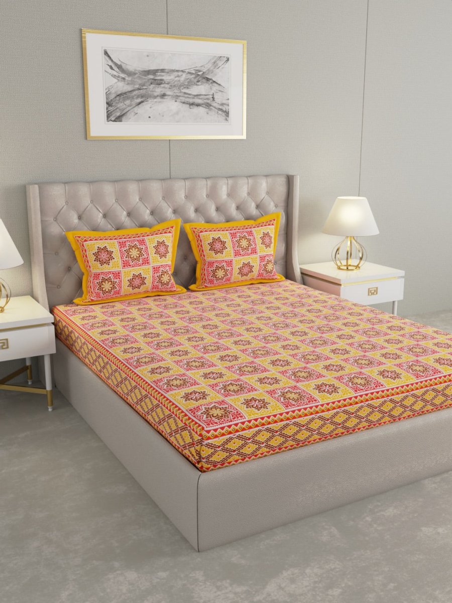 Jaipuri Print King Size 330 TC Pure Cotton Bedsheet with Pillow Covers- Yellow