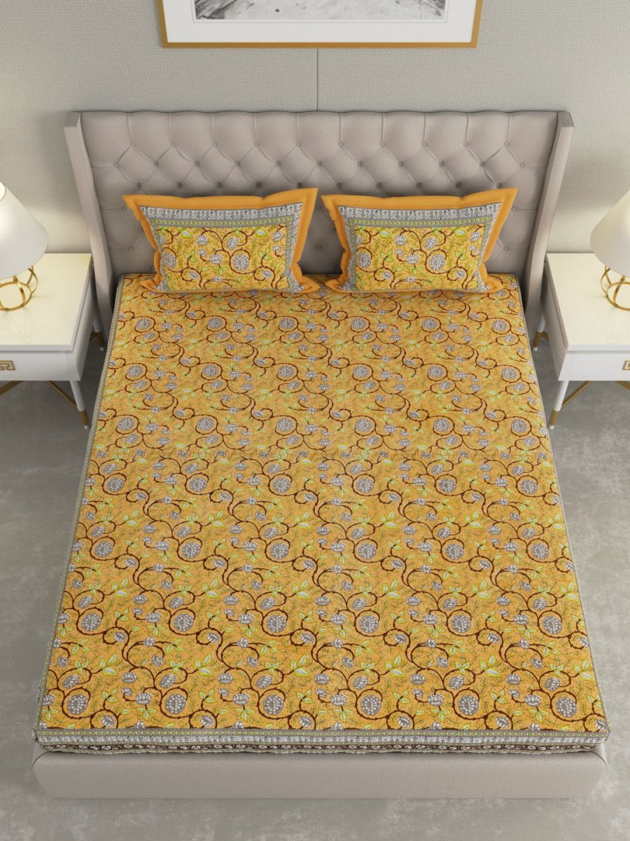 Jaipuri Print King Size 330 TC Pure Cotton Bedsheet with Pillow Covers- Yellow