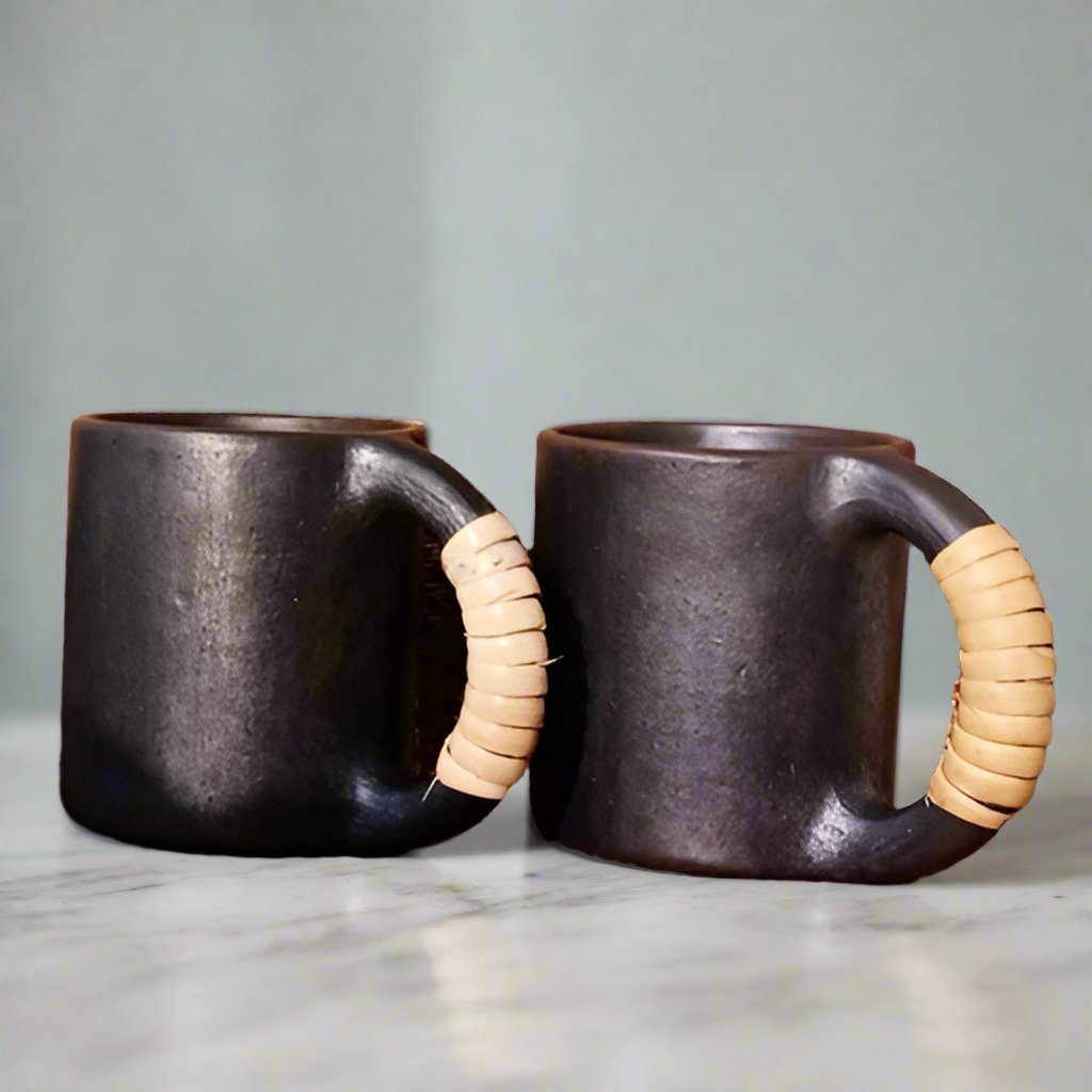 Longpi Black Pottery Coffee Mugs - Large - Round - Set of 2