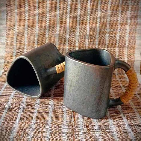 Longpi Black Pottery Trikon Coffee Mugs - Set of 2 (Large)