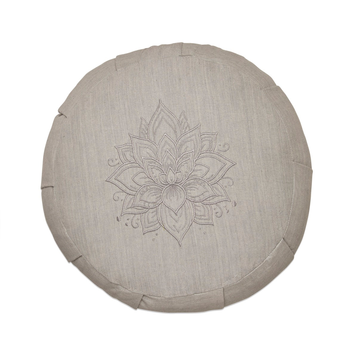 Lotus Embroidered Round Zafu Meditation and Yoga Cushion- Filled with Cotton- Light Grey