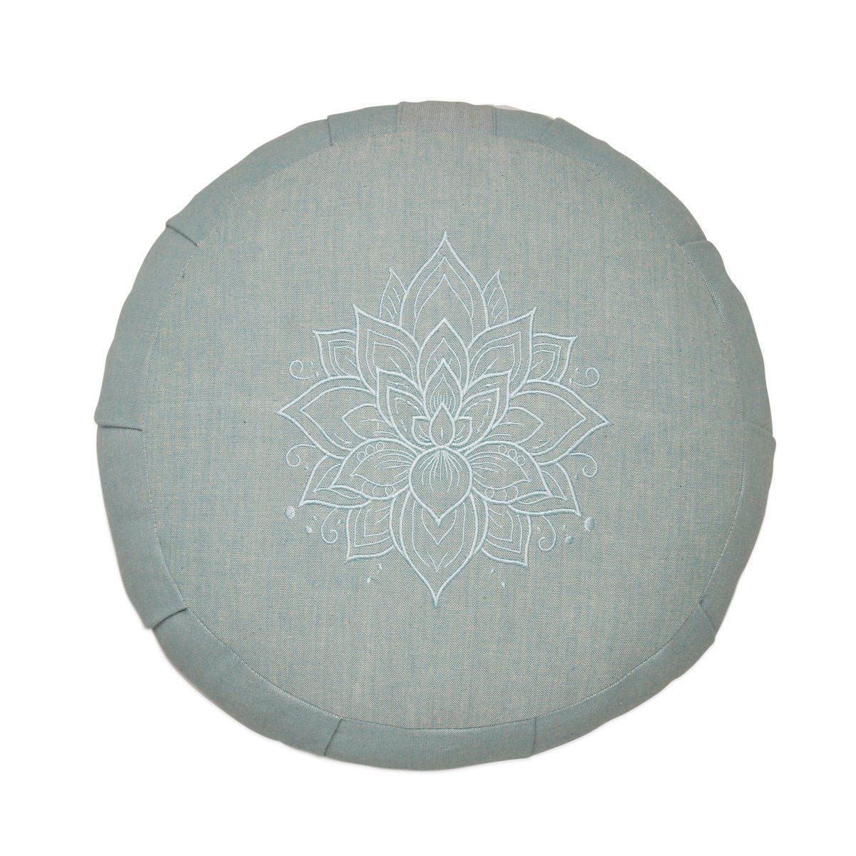 Lotus Embroidered Round Zafu Meditation and Yoga Cushion- Filled with Cotton- Misty Blue