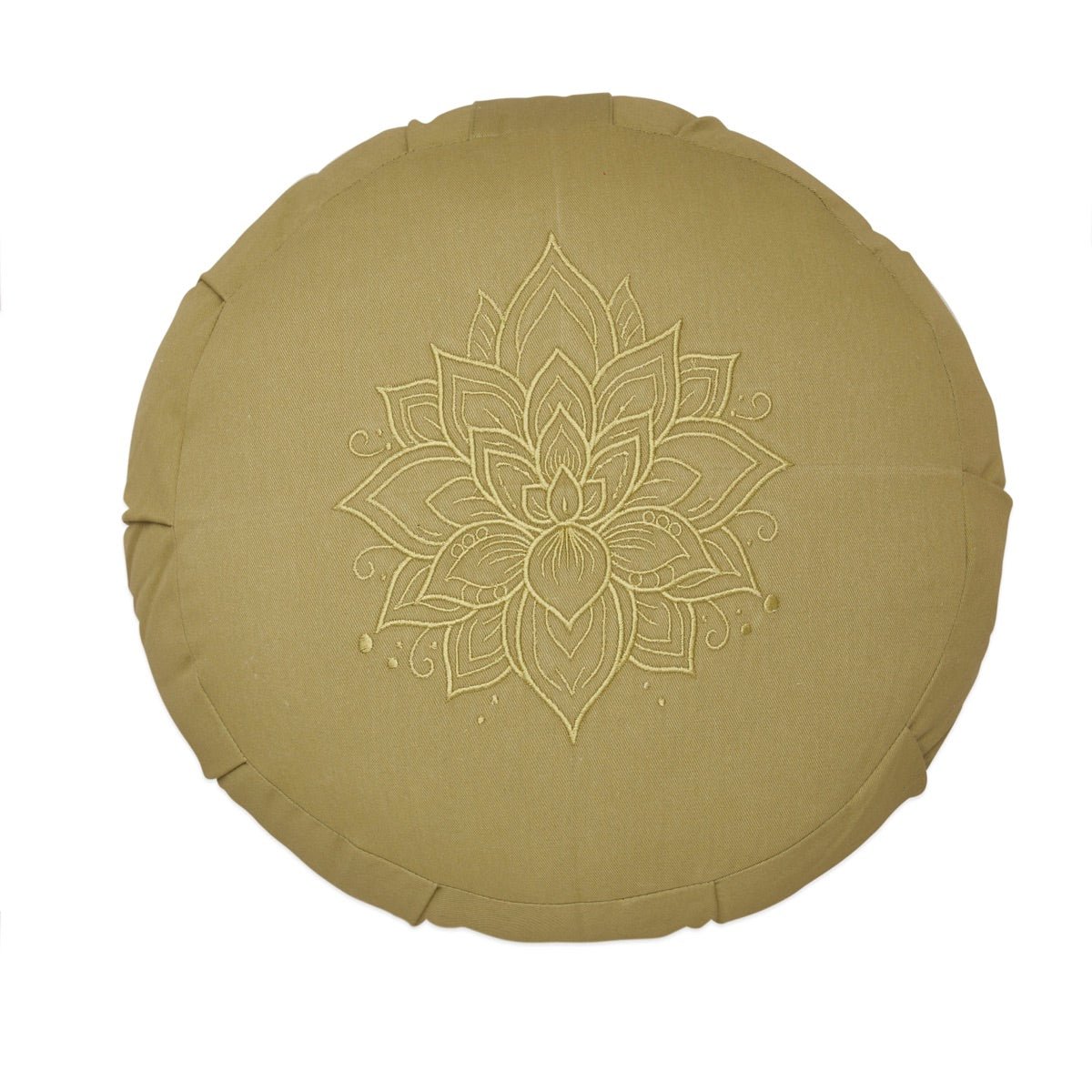 Lotus Embroidered Round Zafu Meditation and Yoga Cushion- Filled with Cotton- Sage