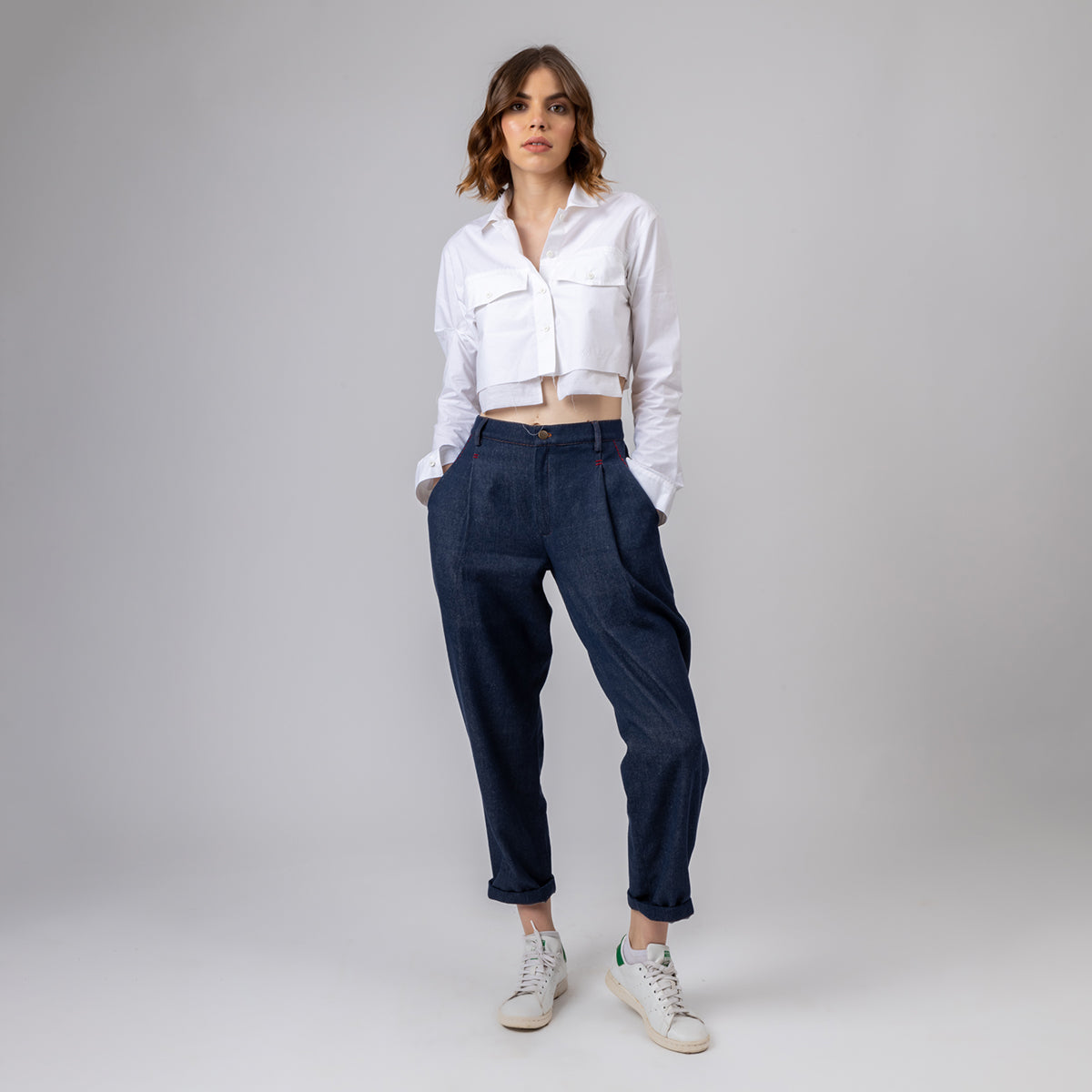 Cotton Co Ord Set | Crop Shirt & Pant | Long Sleeves | White & Blue