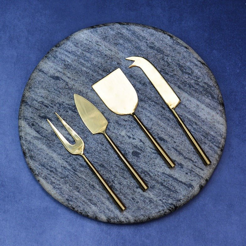 Marble & Brass Cheese Board with Knives (Grey)