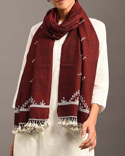 Maroon Handwoven Wool Stole with Mirror Embroidery