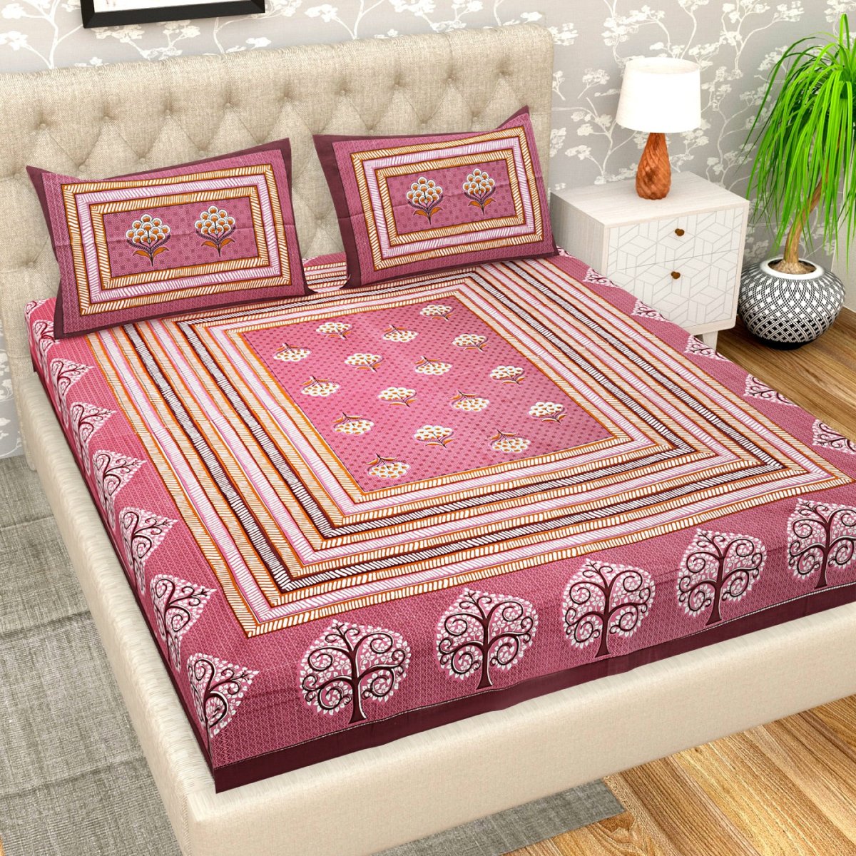 Maroon Jaipuri Print Pure Cotton Queen Size Bedsheet with 2 Pillow Covers