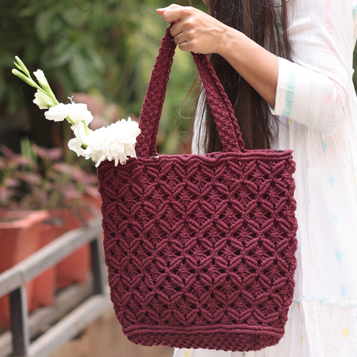 Maroon Macrame Tote Bag