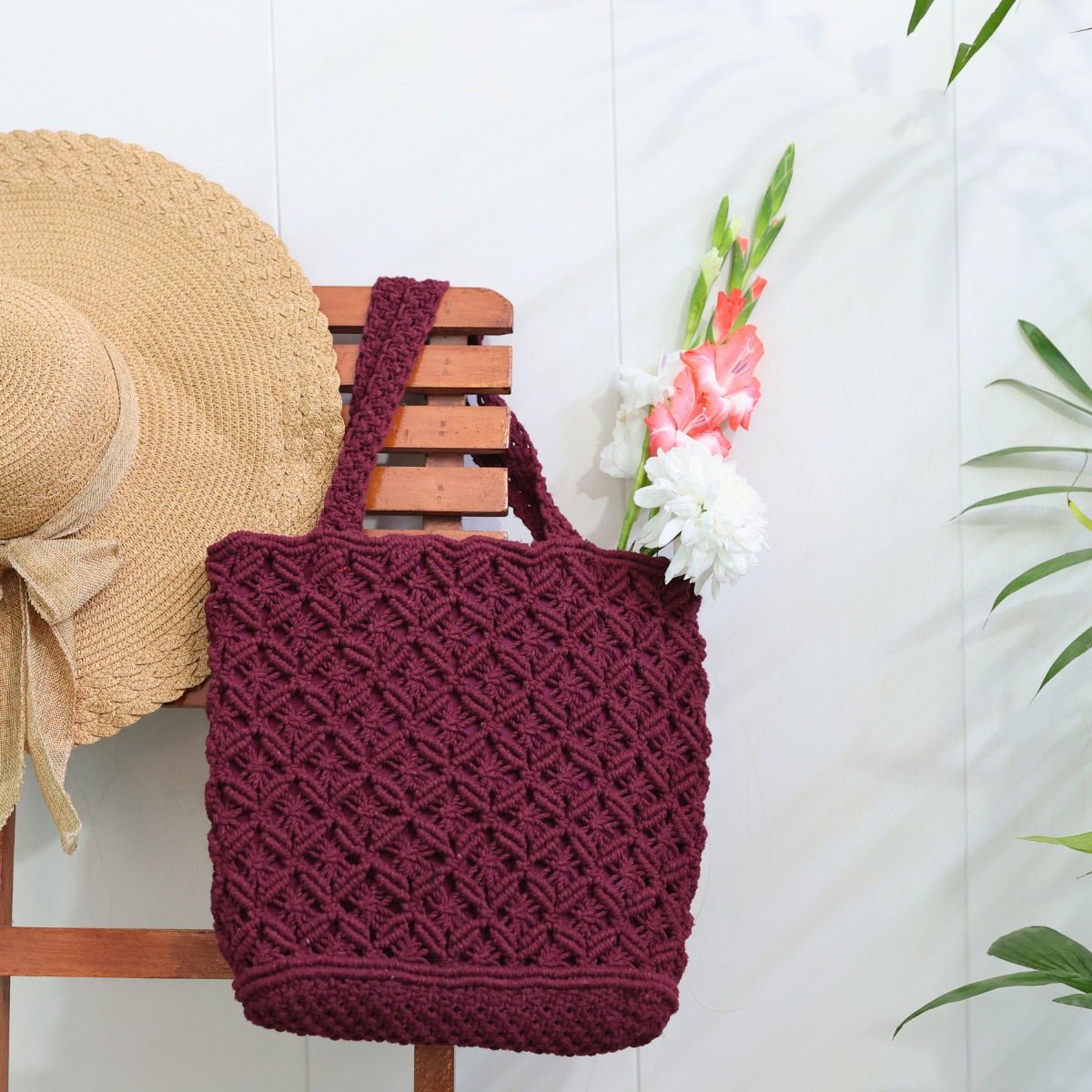 Maroon Macrame Tote Bag | Verified Sustainable Tote Bag on Brown Living™