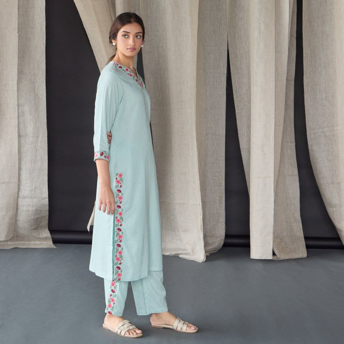 Mineral Blue Floral Embroidered Linen Kurta Set