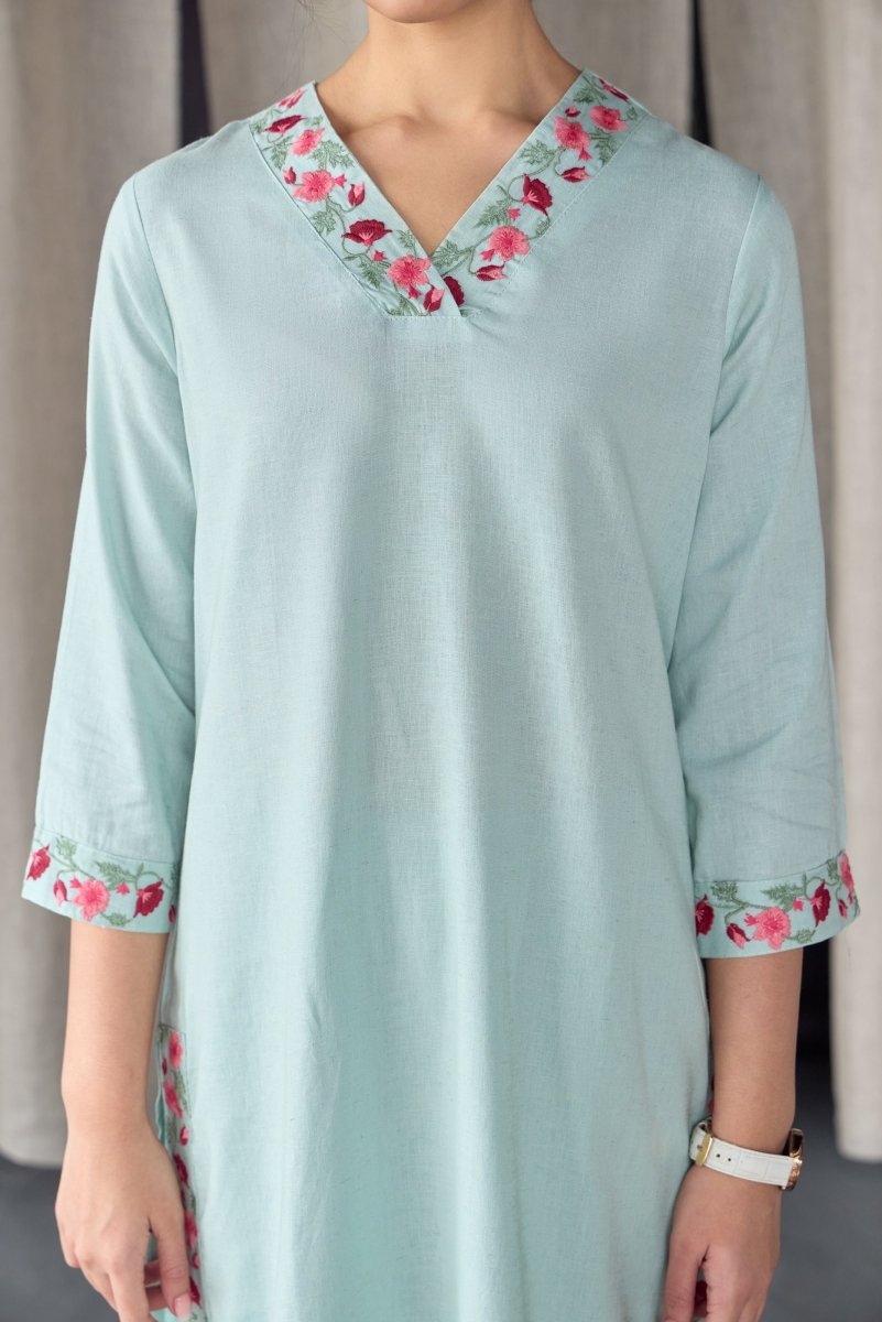 Mineral Blue Floral Embroidered Linen Kurta Set