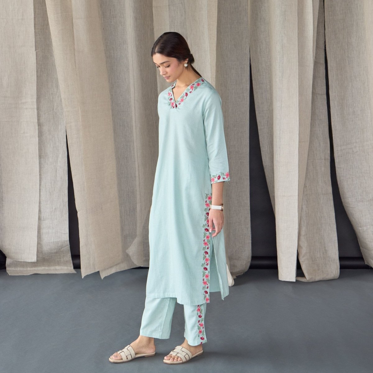 Mineral Blue Floral Embroidered Linen Kurta Set