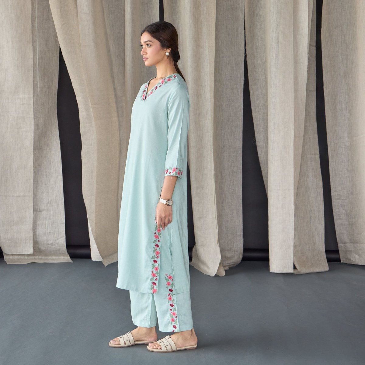 Mineral Blue Floral Embroidered Linen Kurta Set