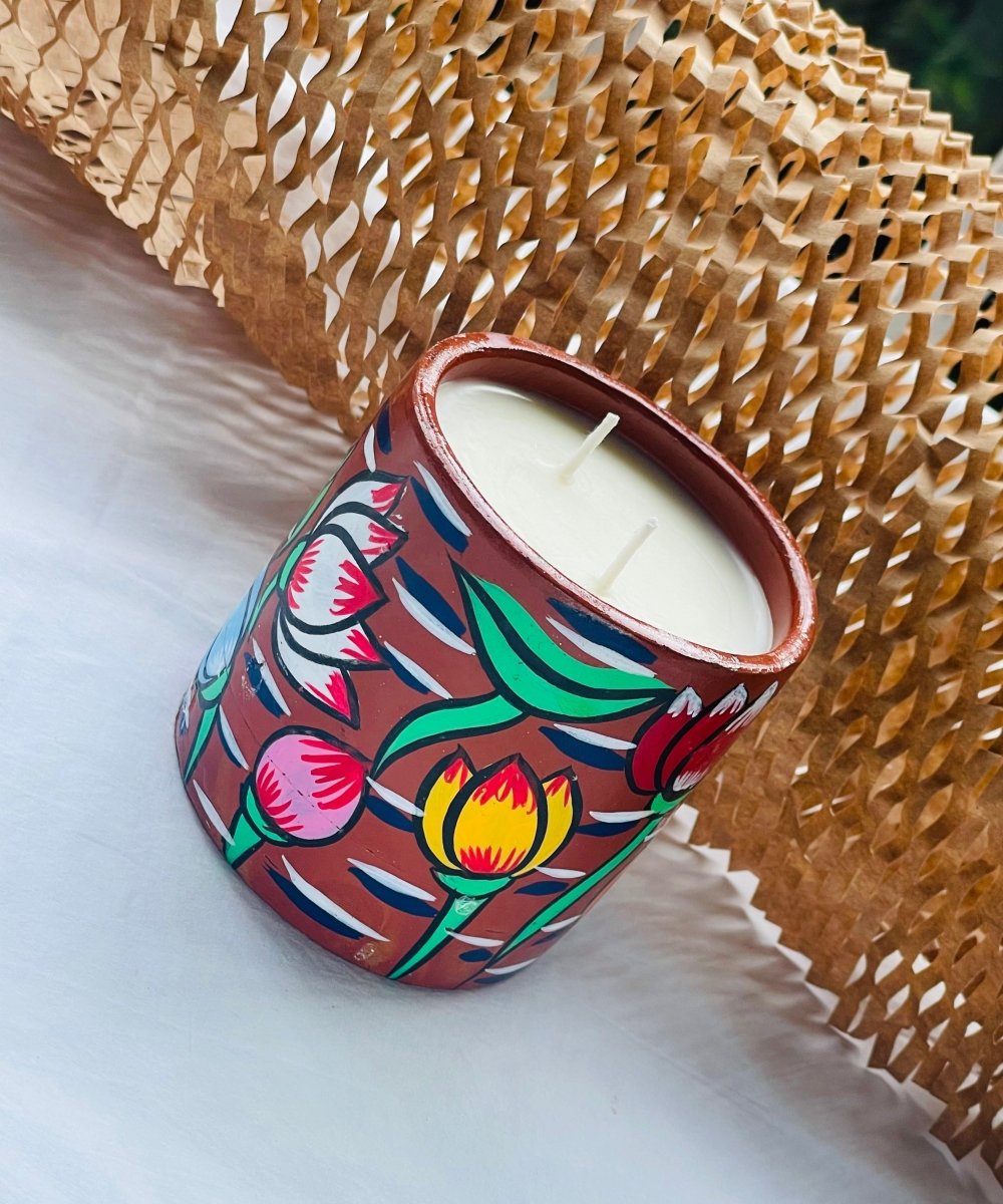 Misht Scented Soy Wax Candle | Folk art on Terracotta Jar