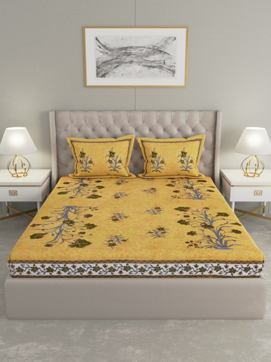 Mustard Hand Block Jaipuri Print Cotton King Size Bedsheet with 2 Pillow Covers