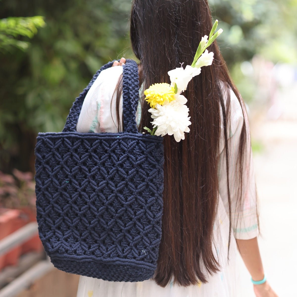 Navy Blue Macrame Tote Bag