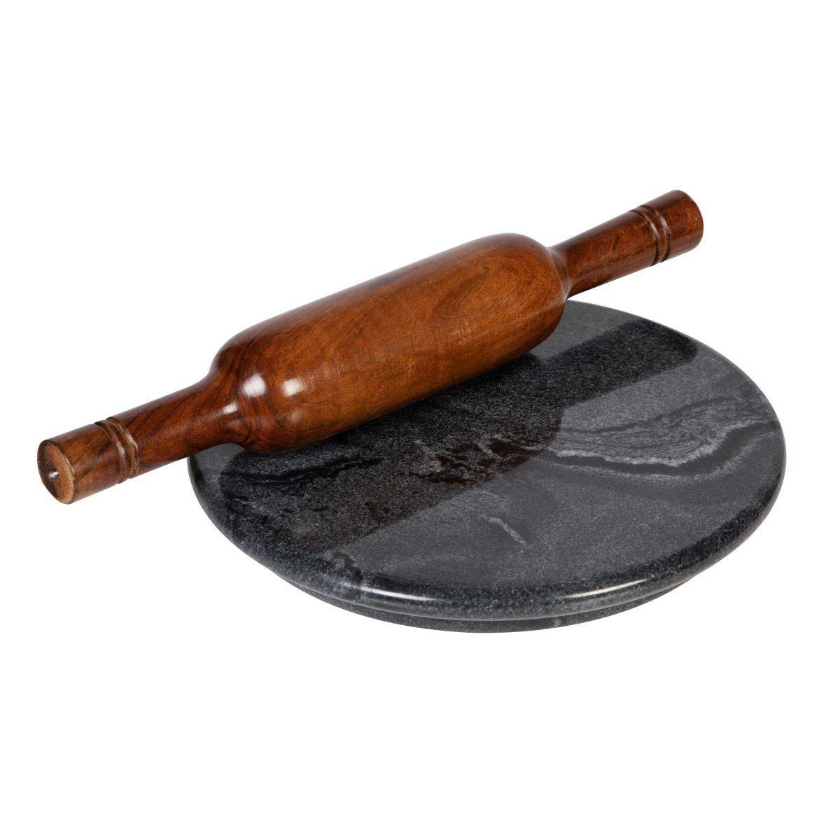 Onyx Black Chakla Belan/Polpat Set - 9" Marble, Black & Indian Rosewood, Set of 2