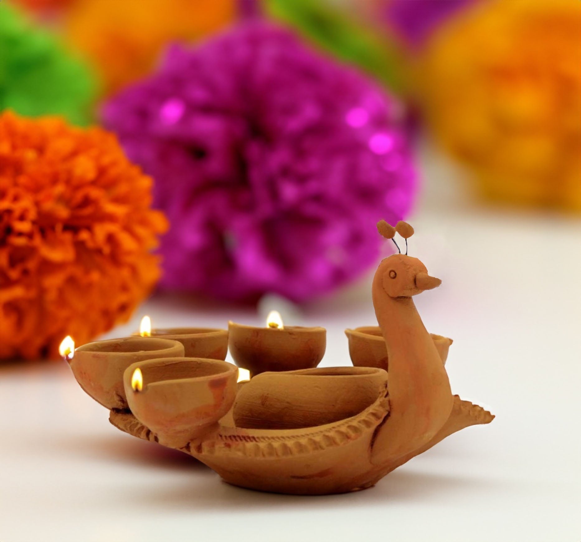 Peacock- Handmade Traditional Terracotta 6 Panti Diya