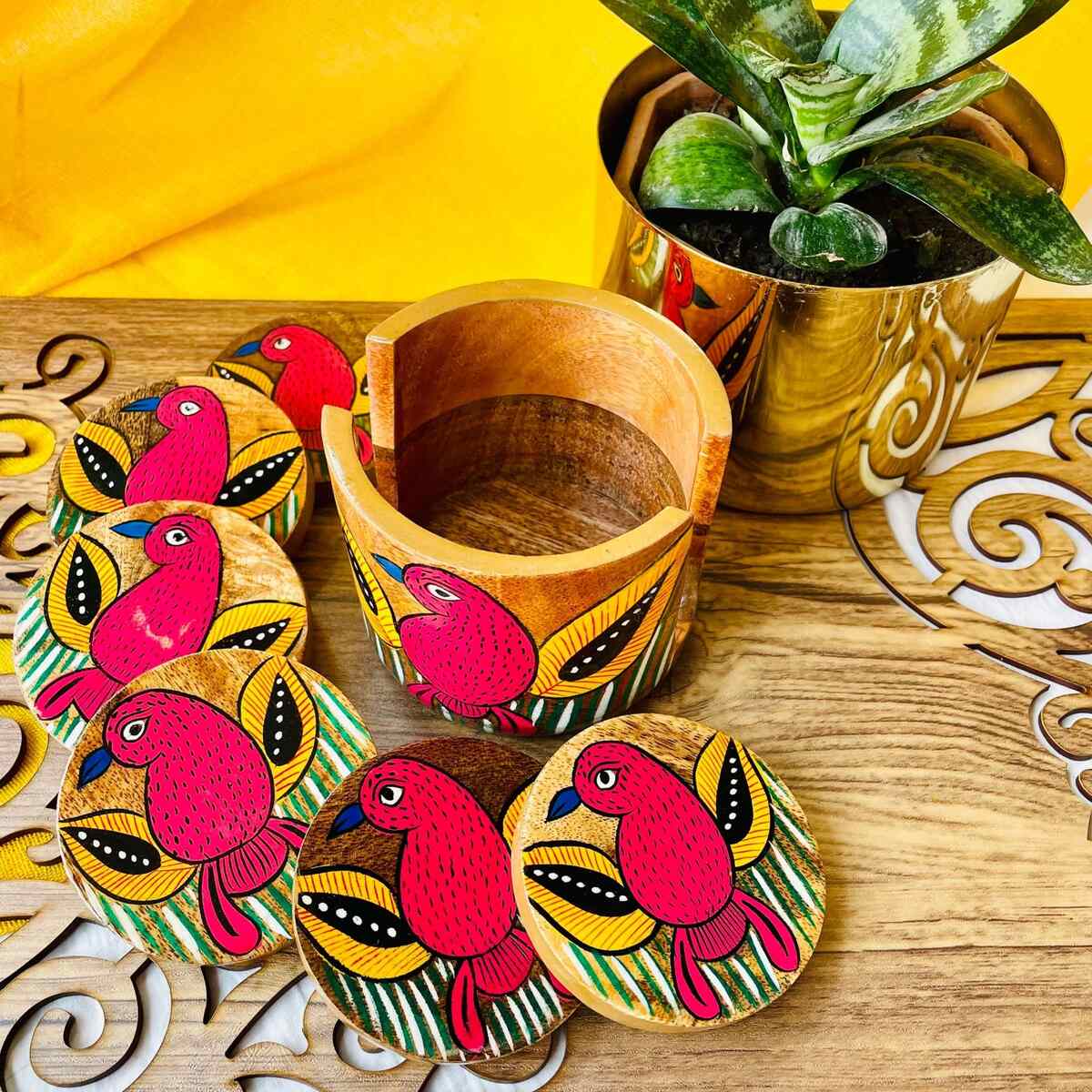 Pihu Round Handcrafted Mango Wood Coaster with Holder (Set of 6)