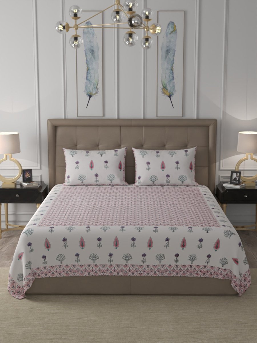 Pink Elegant Hand Block Print Pure Cotton Super King Size Bedding Set