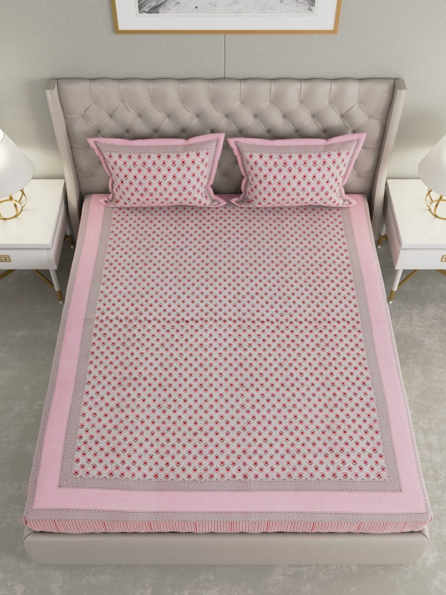 Pink Hand Block Print Pure Cotton King Size Bedding Set