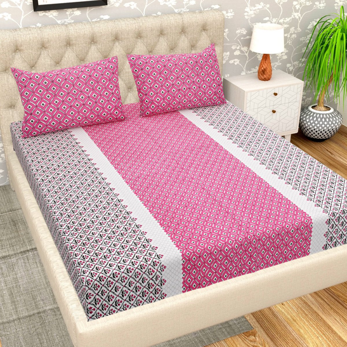 Pink Jaipuri Print Pure Cotton Super King Size Bedsheet with 2 Pillow Covers