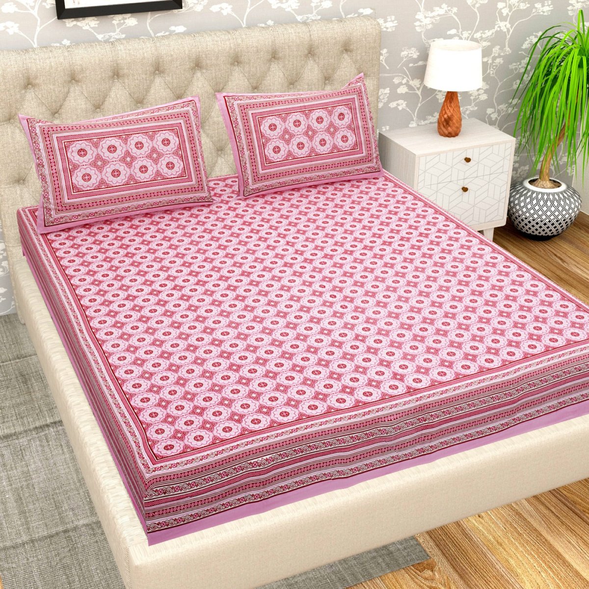 Pink Jaipuri Print Pure Cotton Super King Size Bedsheet with 2 Pillow Covers