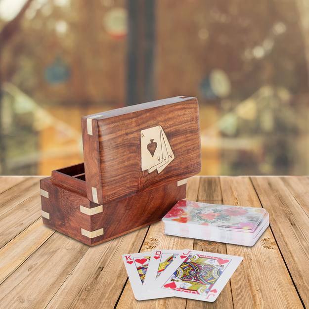 Handmade Wooden Storage Box Case with Free Playing Cards Set of 2